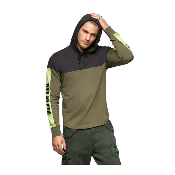 True Religion Men's Long Sleeve Paneled Pullover Hoodie Shirt in Lime/Olive - Picture 2 of 6